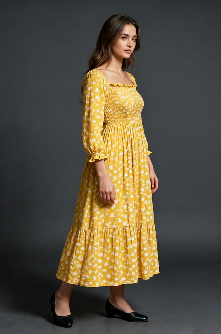 Yellow Floral Smocked Maxi