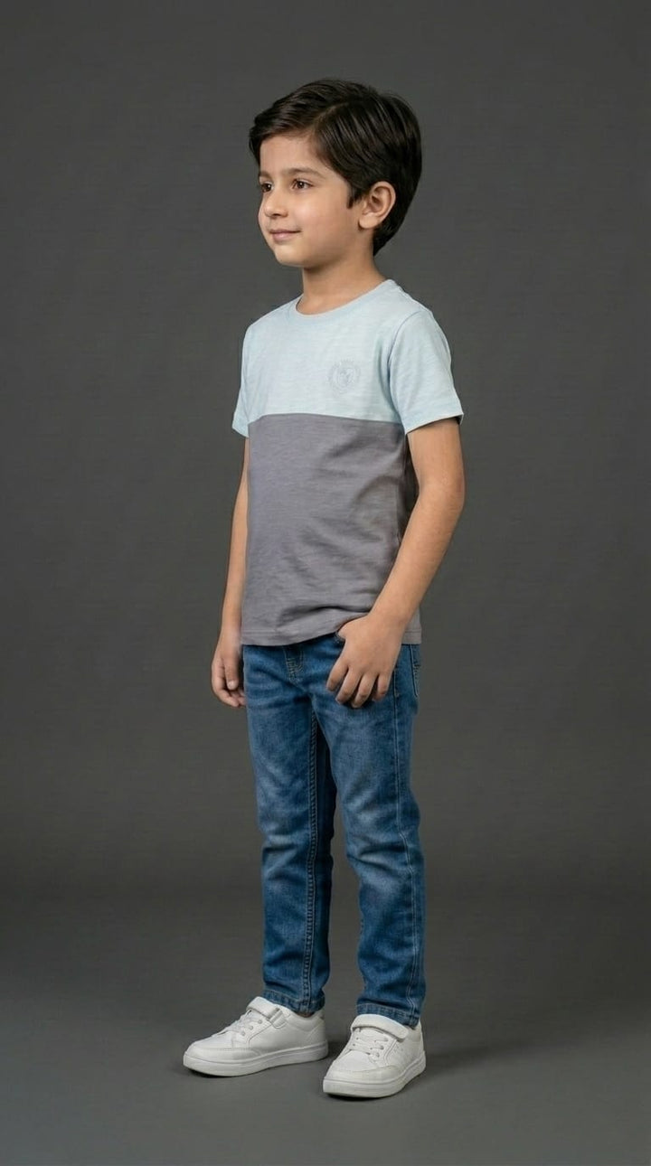 Boys Sky Blue &amp; Grey Color Block Tee