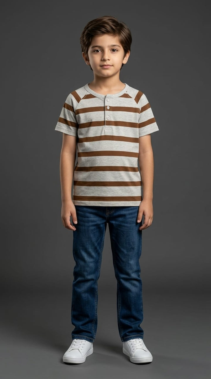 Boys Brown &amp; Grey Striped Henley Tee