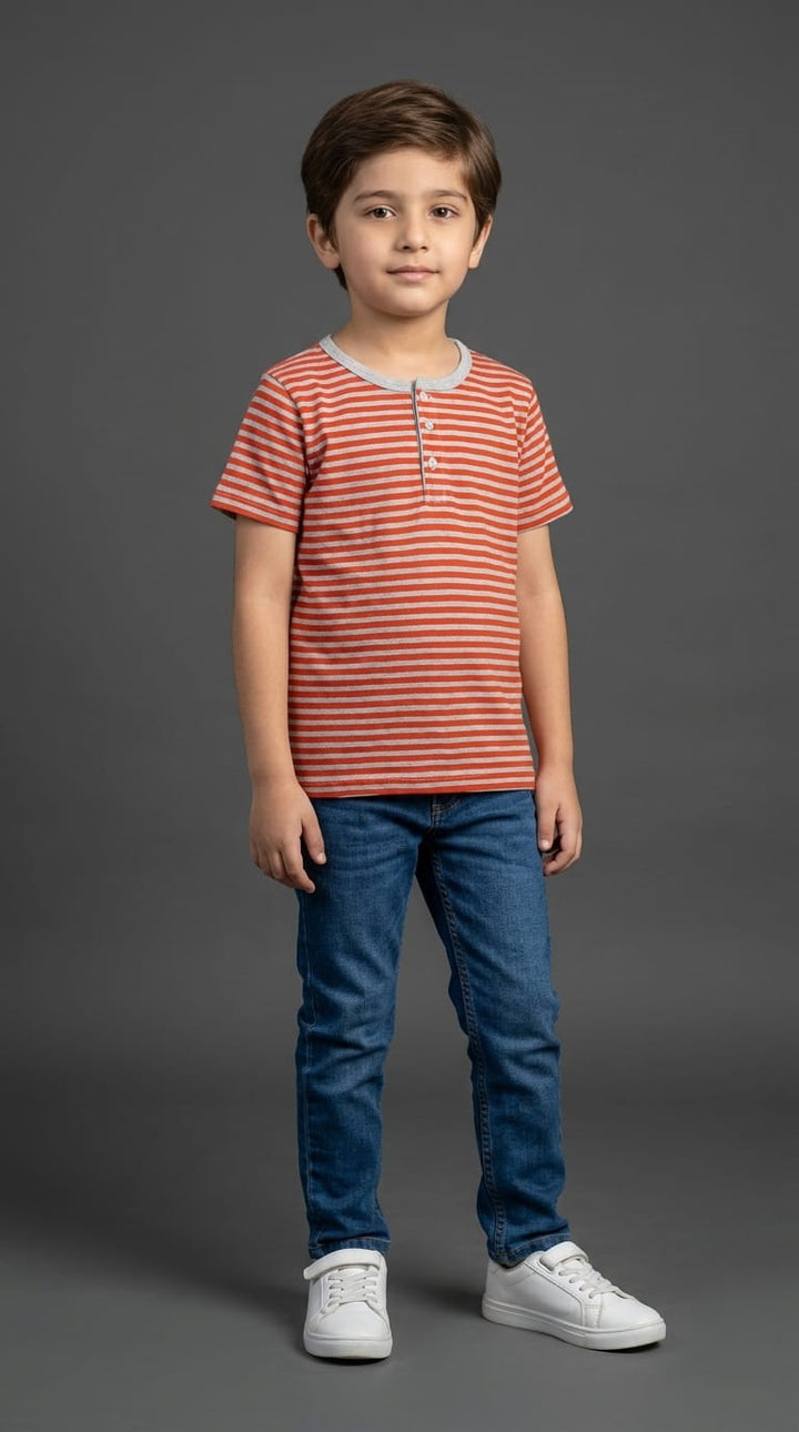 Boys Red &amp; Grey Stripes Tee