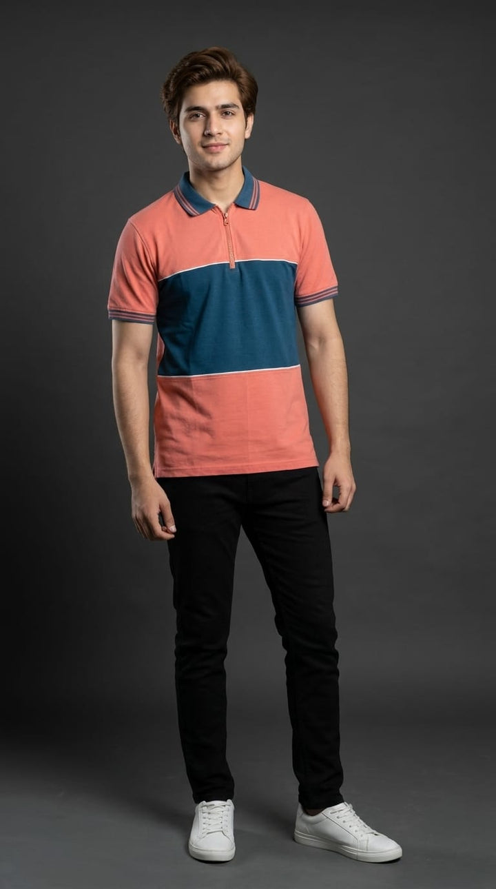 Peach &amp; Teal Color Block Polo
