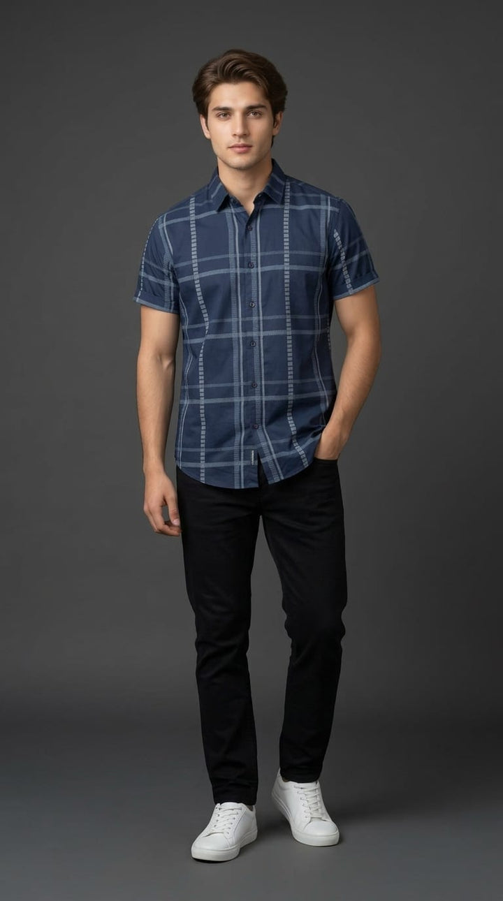 Navy Blue Check Casual Shirt