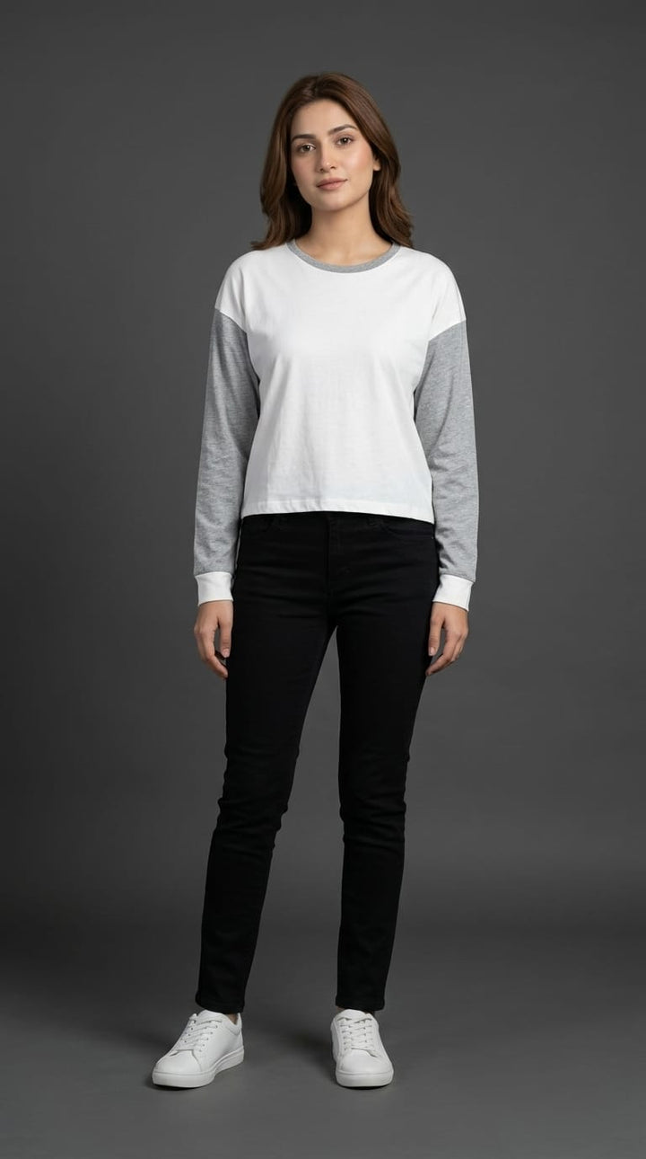 Women White Grey Contrast Sleeve Tee