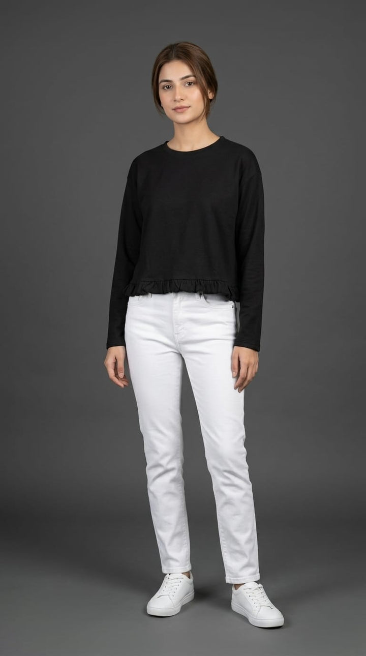 Women Black Ruffle Hem Top