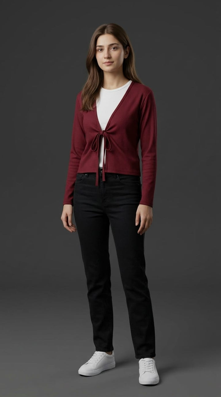 Maroon Tie Front Ribbed Cardigan