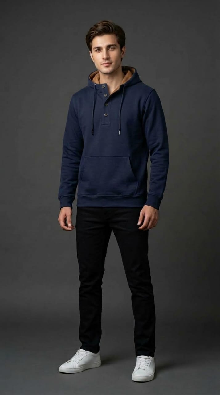Navy Button Placket Hoodie