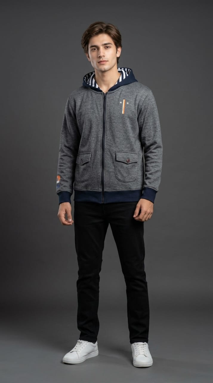 Grey Navy Zipper Hoodie