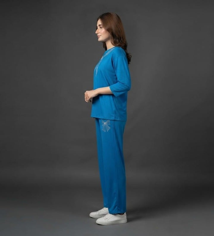 Blue Embroidered Lounge Co-Ord Set