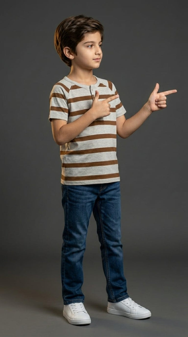 Boys Brown &amp; Grey Striped Henley Tee