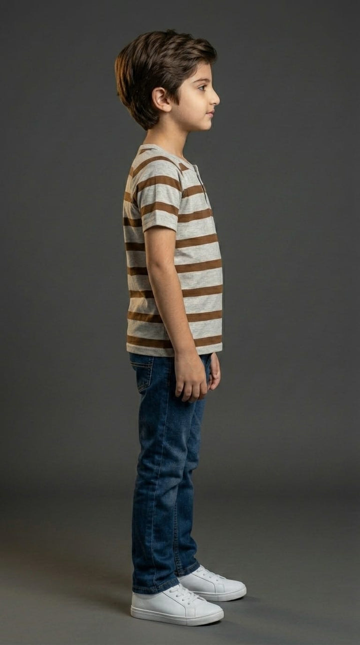 Boys Brown &amp; Grey Striped Henley Tee