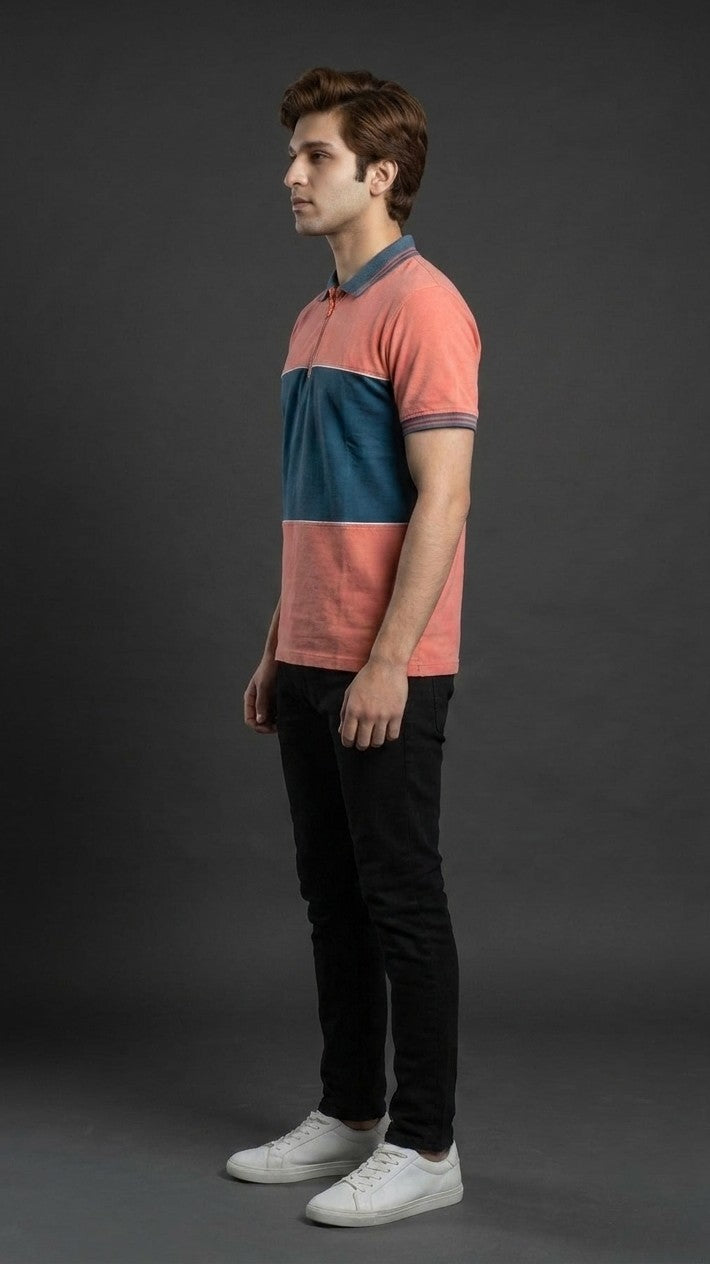 Peach &amp; Teal Color Block Polo