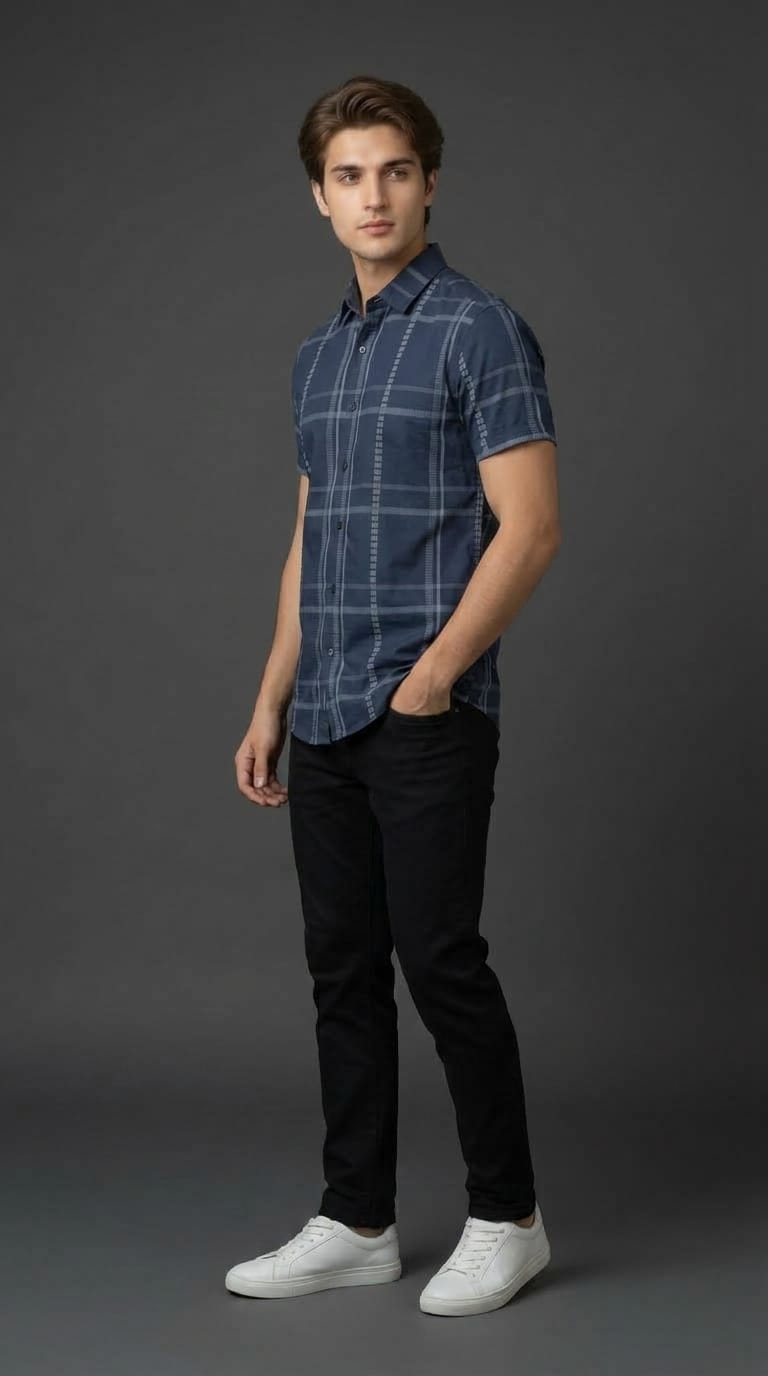 Navy Blue Check Casual Shirt