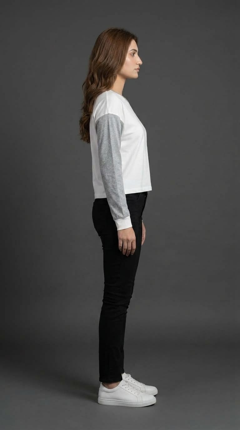 Women White Grey Contrast Sleeve Tee