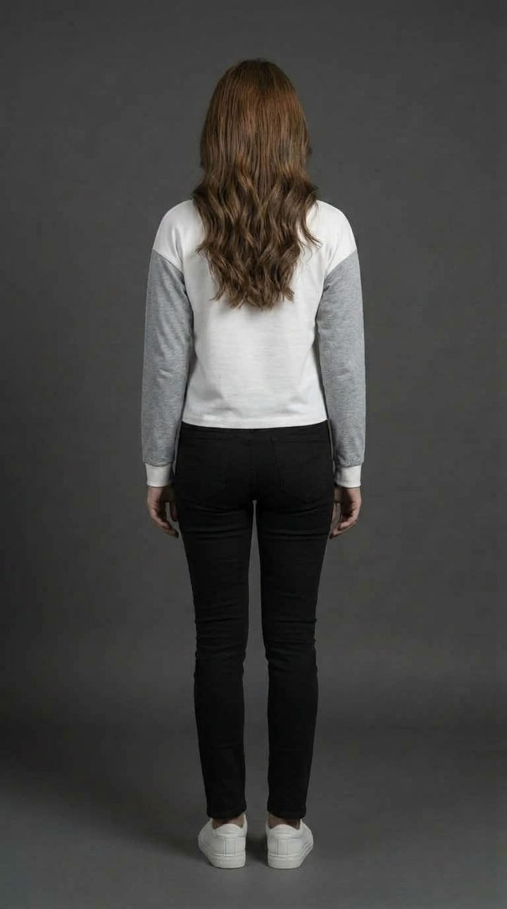 Women White Grey Contrast Sleeve Tee