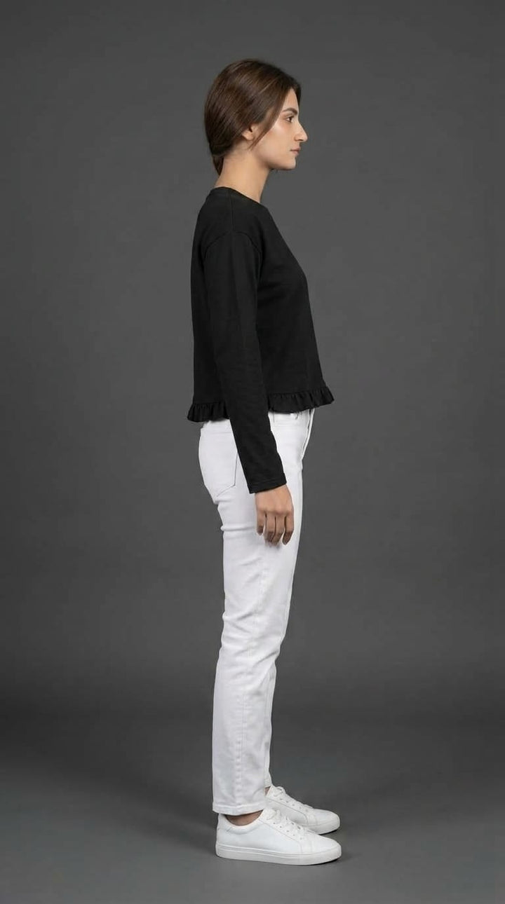 Women Black Ruffle Hem Top