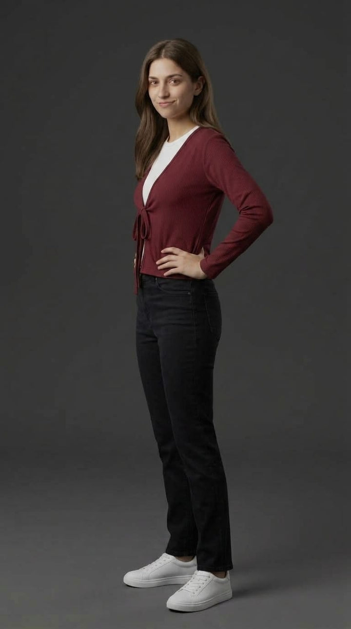 Maroon Tie Front Ribbed Cardigan