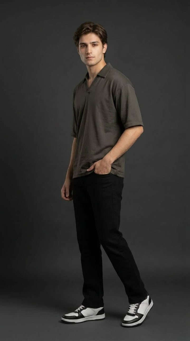 Charcoal Open Collar Tee