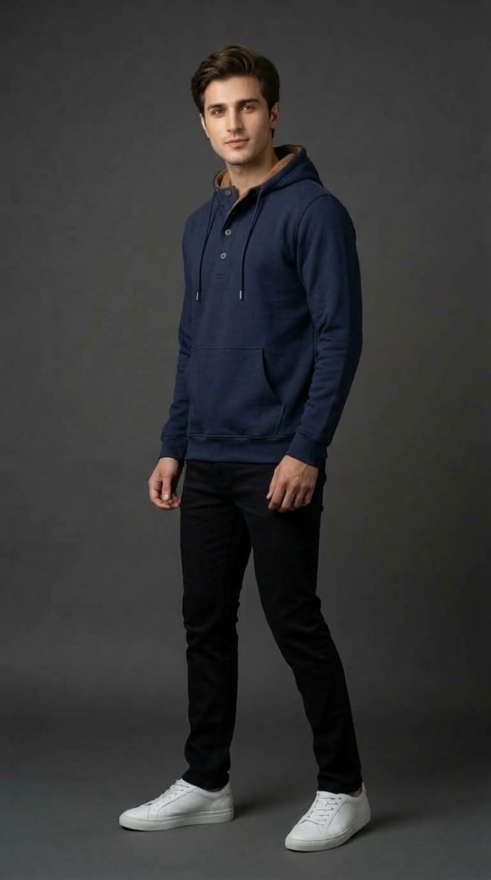 Navy Button Placket Hoodie