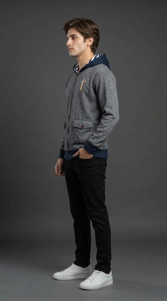 Grey Navy Zipper Hoodie