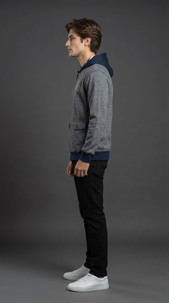 Grey Navy Zipper Hoodie